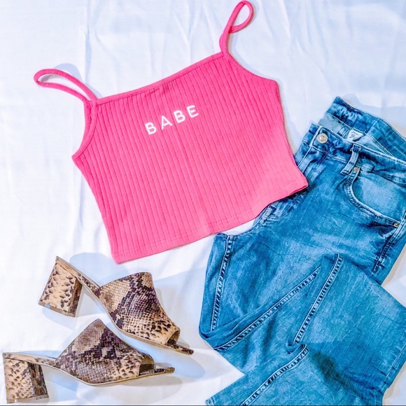Tops - Hot Pink Babe Embroidered Rib Knit Cami Top
